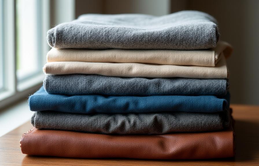 Стопка высококачественных тканей и образцов кожи.