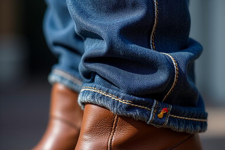 Деталь дизайнерских джинсов и ботинок.