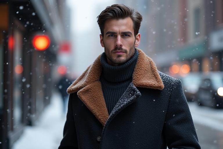 Мужчина в теплом зимнем пальто на улице Торонто.